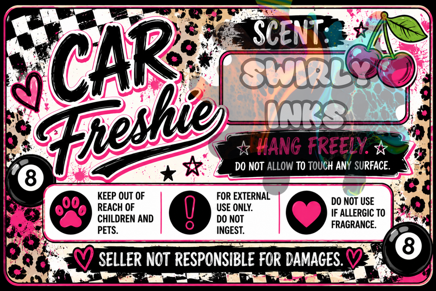 Pink Hearts Cherries & 8 Ball Leopard Print Freshie Label 3" x 2" (10)