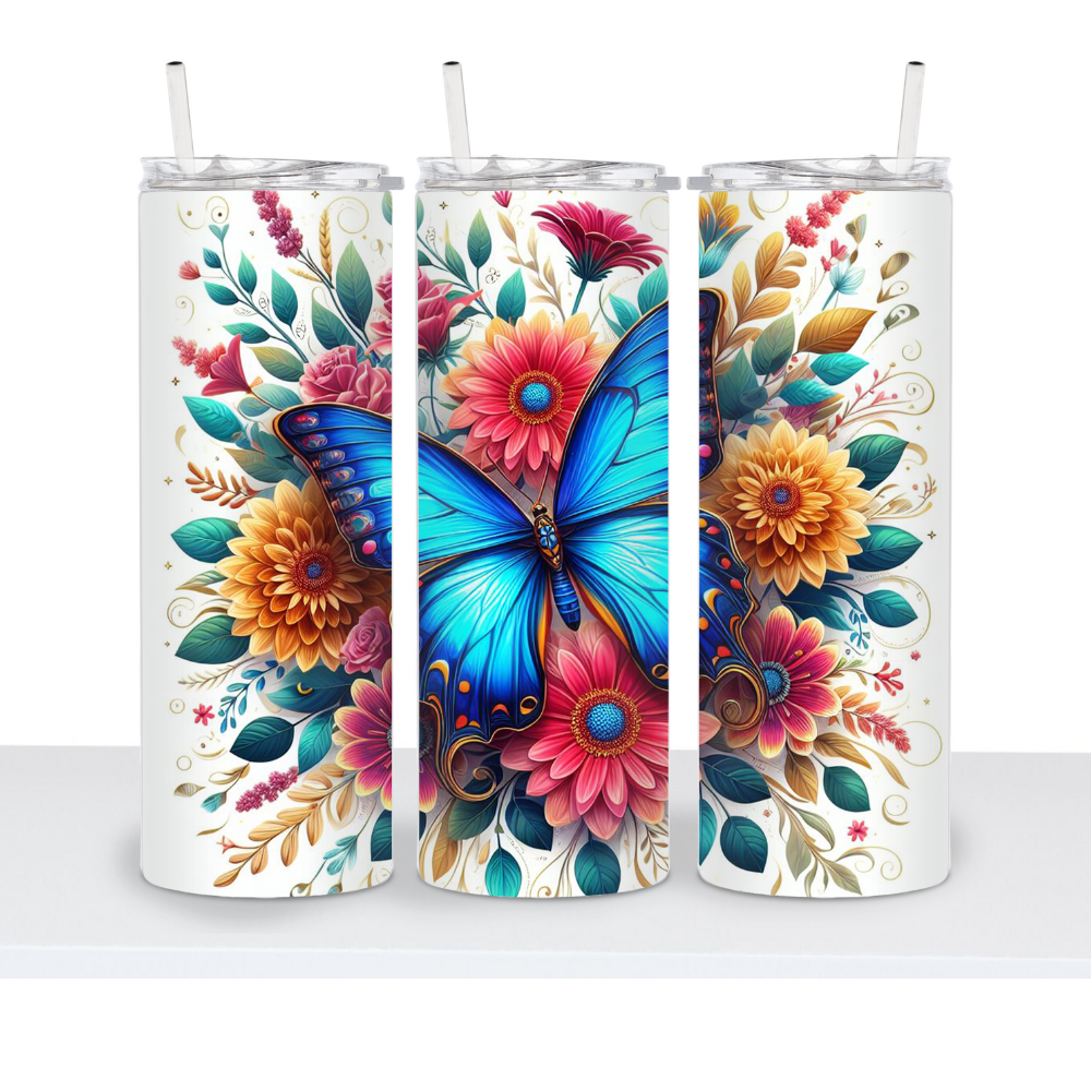 Blue Butterfly with Flowers