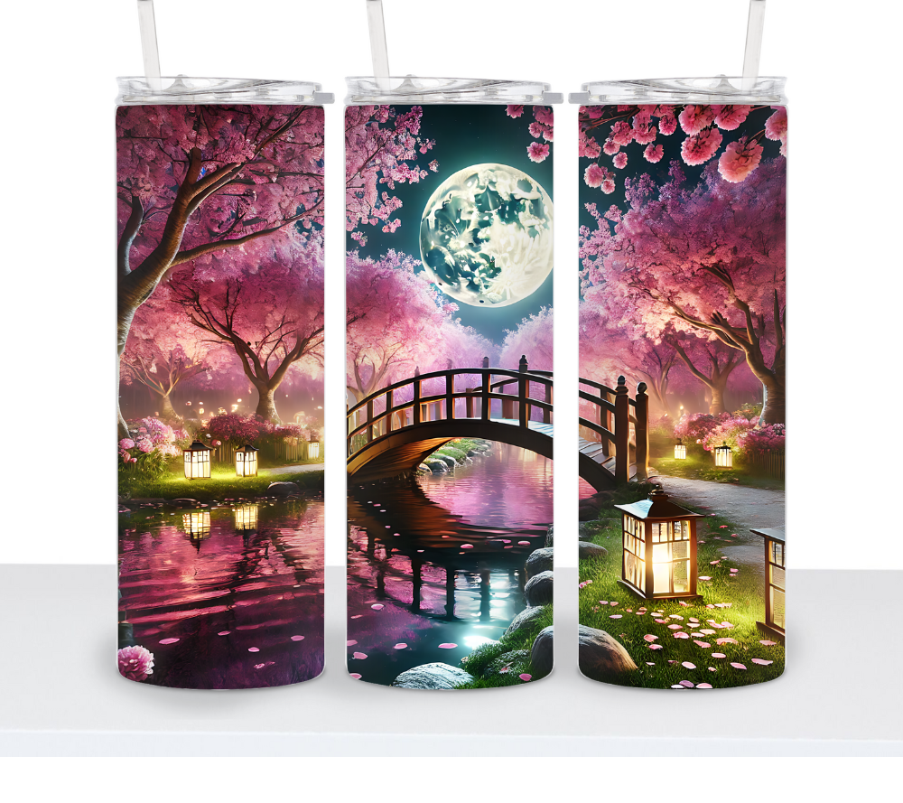 Cherry Blossoms with Moon & Bridge