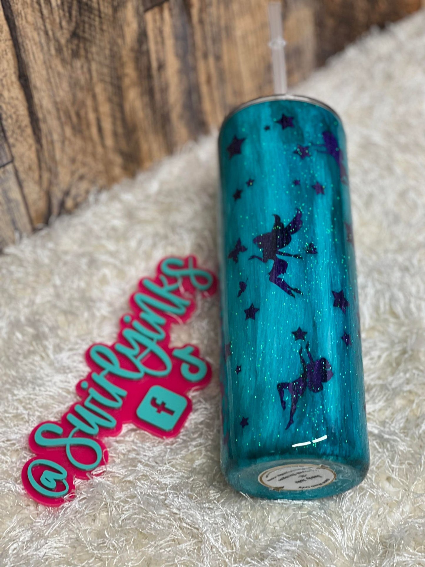 20oz Fairy Peek-a-boo Purple Glitter under Teal Wood Grain Tumbler