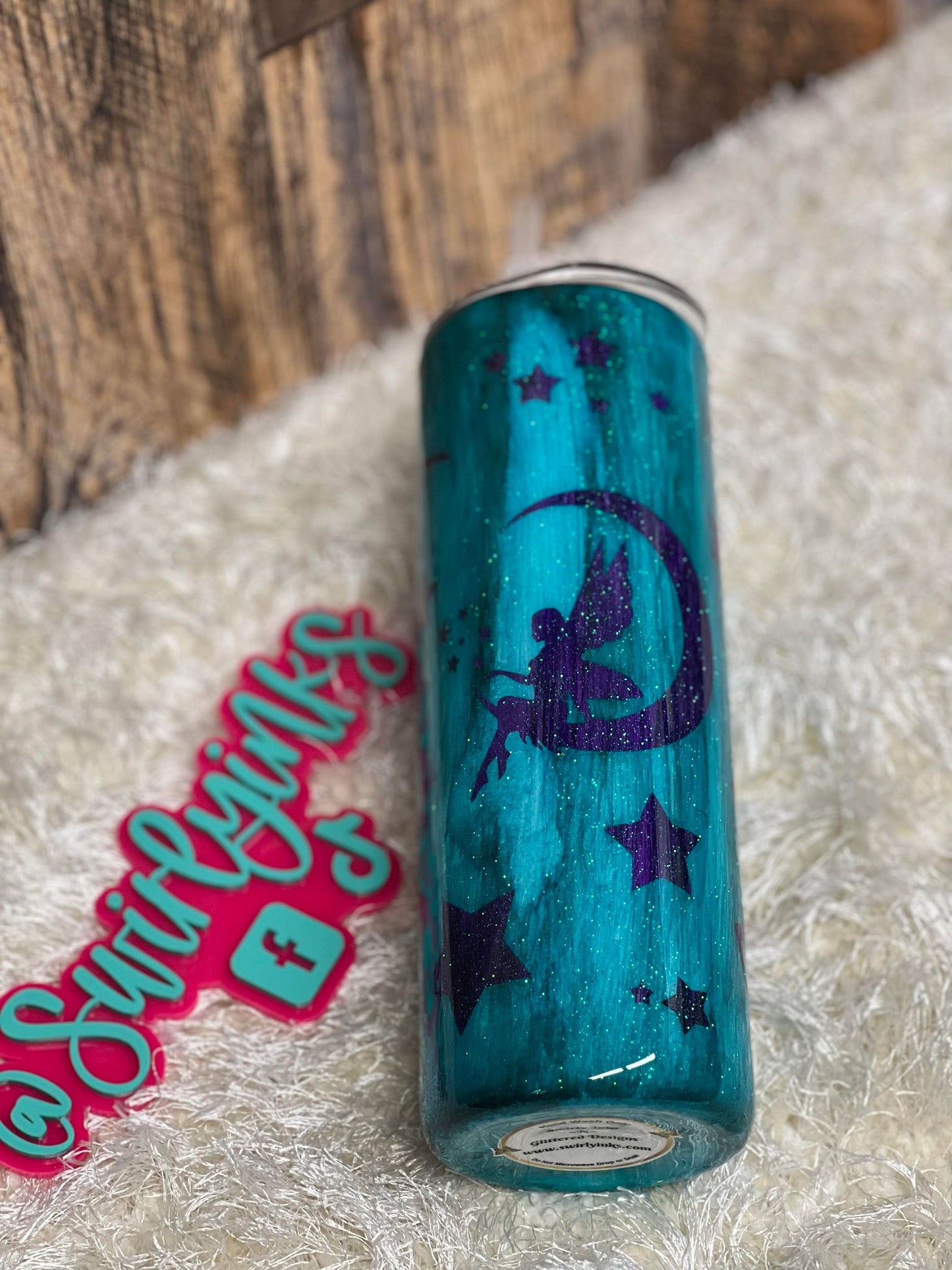 20oz Fairy Peek-a-boo Purple Glitter under Teal Wood Grain Tumbler