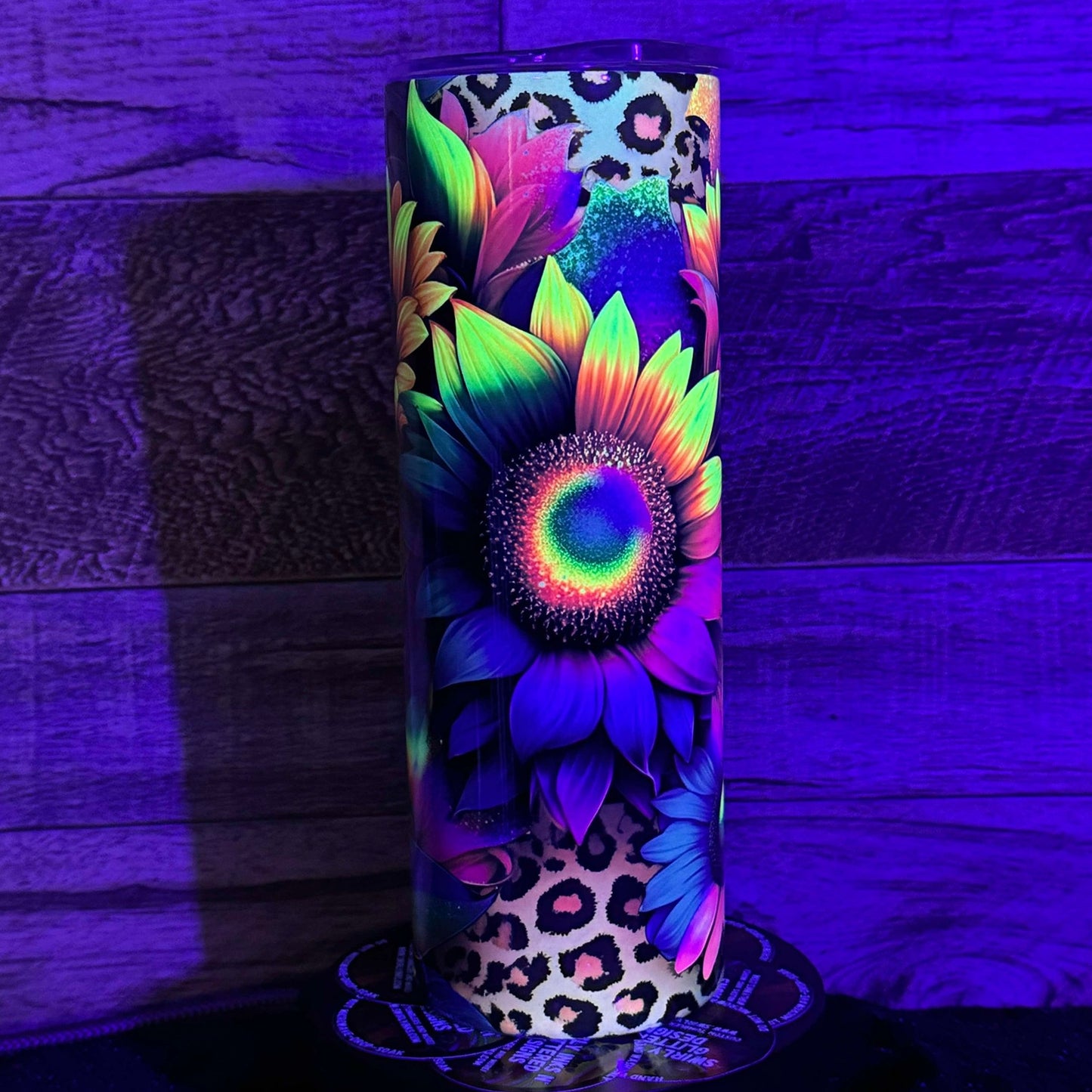 Neon Sunflower (#2) Tumbler - Black light Activated Ink.