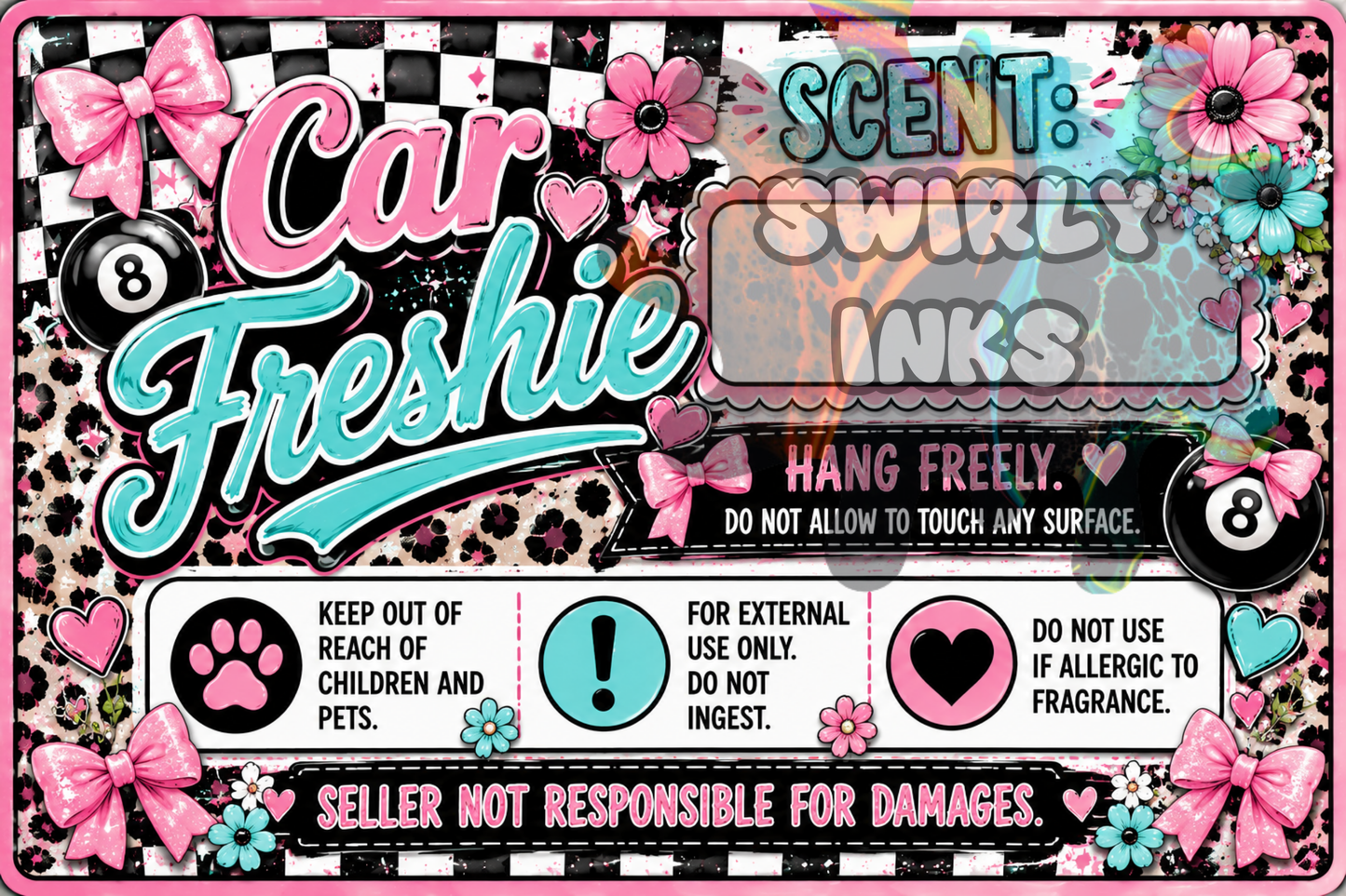 Pink & Blue Hearts & Bows & 8 Ball & Flowers with Leopard Print Freshie Label 3" x 2"  (10)