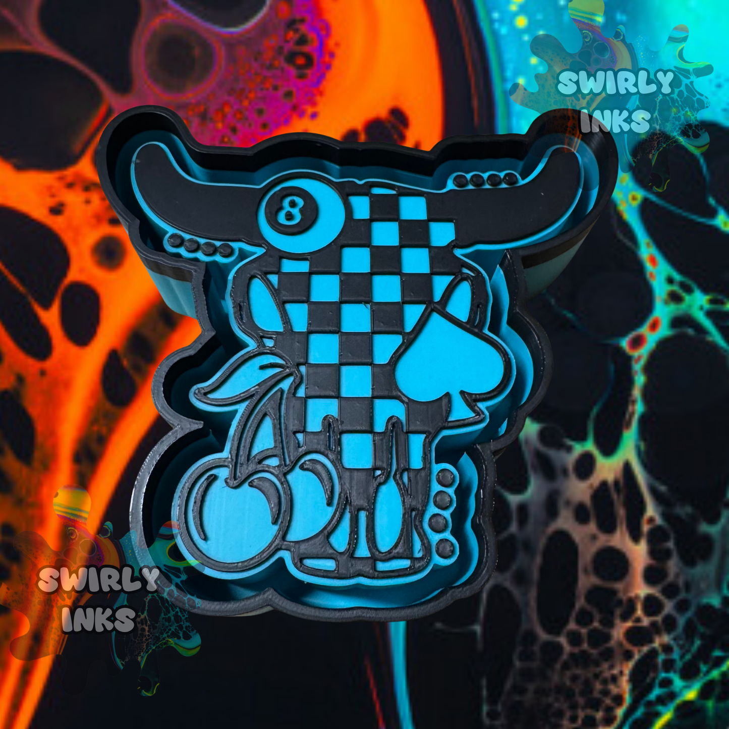 Checkered Cherry Spade 8 Ball Bull Skull Freshie Mold