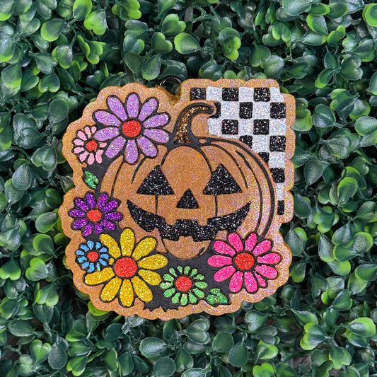 Checkered Pumpkin & Flowers - Mahogany Teakwood - Car Freshie/Air Freshener