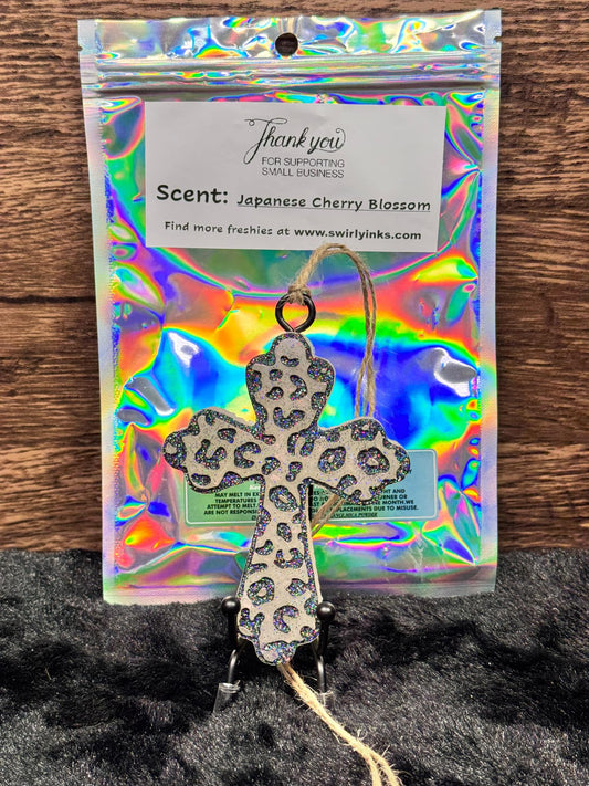 Japanese Cherry Blossom Leopard Print Cross Car Freshie