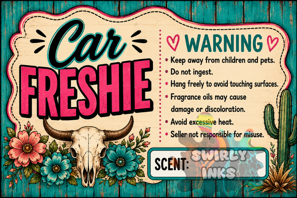 Western Cow Skull with Flowers Freshie Label 3" x 2"  (10)