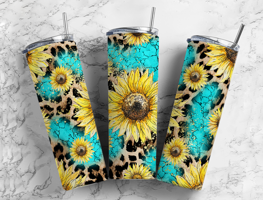 Teal Marbled Leopard Sunflower Tumbler