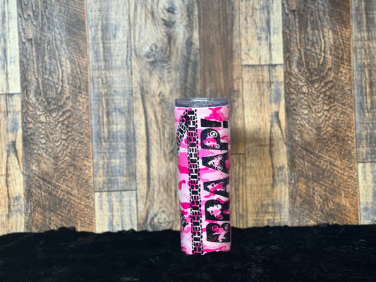 20oz Pink Camo "Brapp" Dirt Bike Track Tumbler