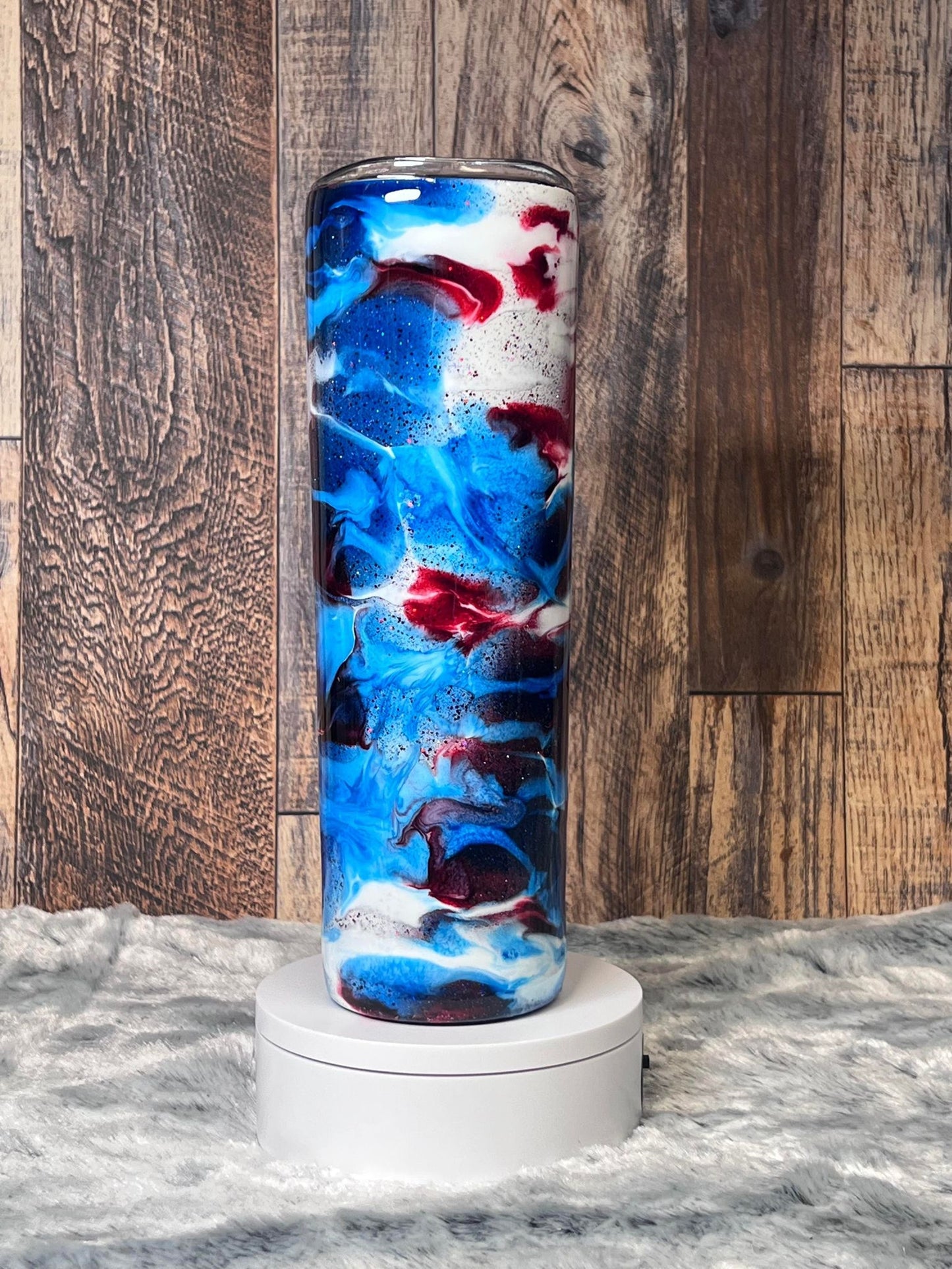 30oz Skinny Tumbler Red White Blue Glittered ~ Can be Customized