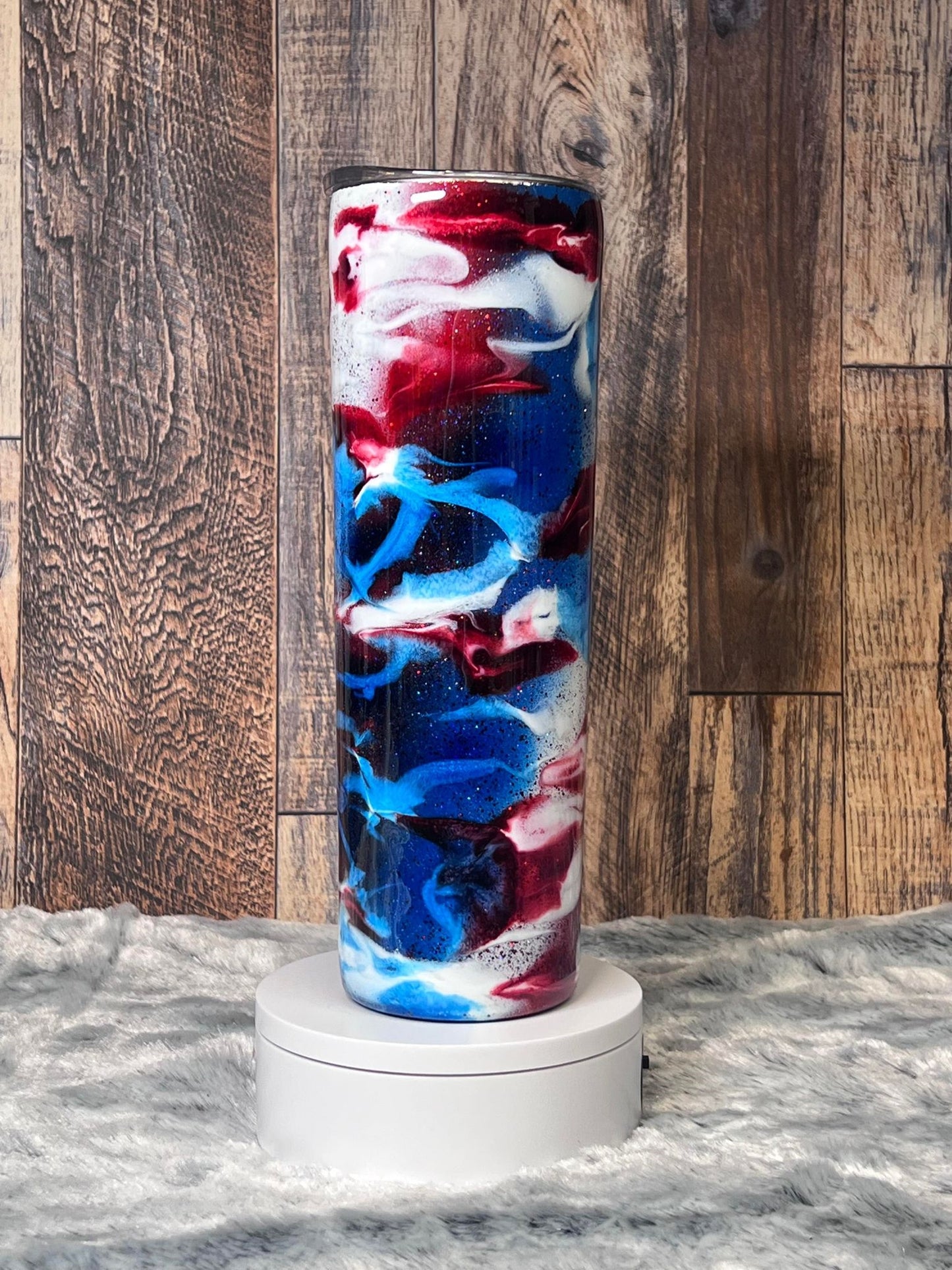 30oz Skinny Tumbler Red White Blue Glittered ~ Can be Customized