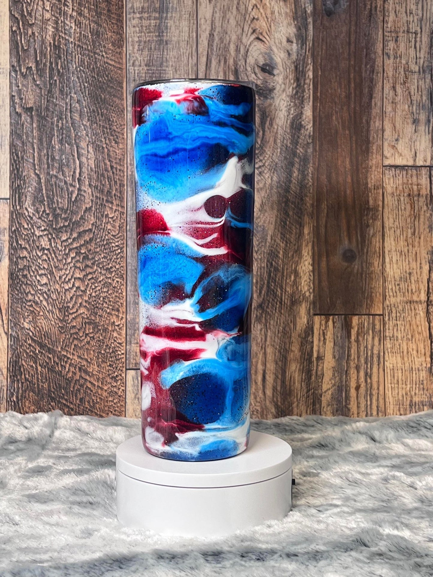 30oz Skinny Tumbler Red White Blue Glittered ~ Can be Customized