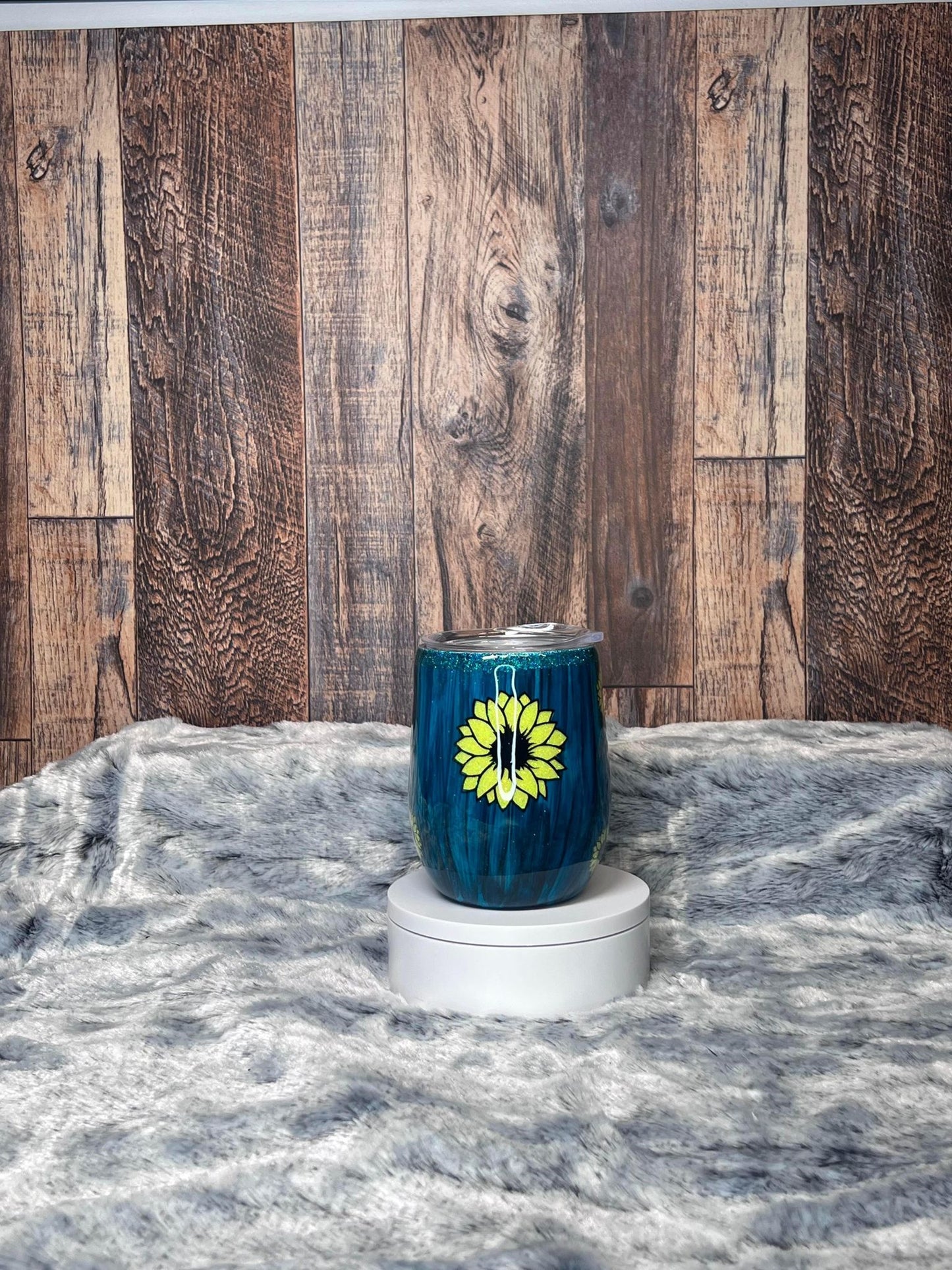 12oz Wine Tumbler Wood Grain Sunflower Peek-A-Boo