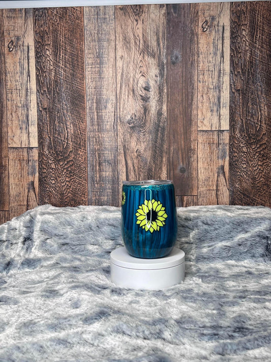 12oz Wine Tumbler Wood Grain Sunflower Peek-A-Boo