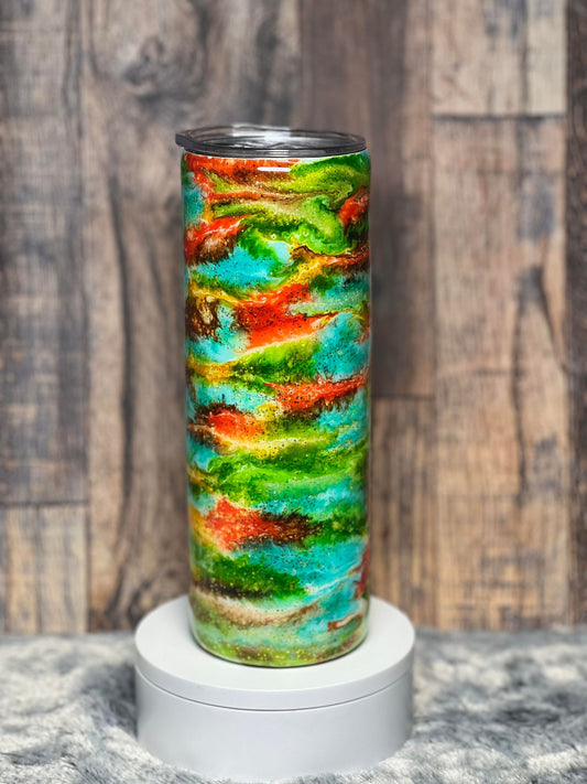 20oz Tumbler Green, Yellow, Orange, Blue & White Swirl