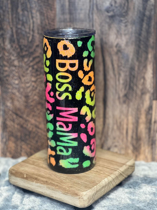 20oz Tumbler "Boss MaMa" Rainbow Leopard Peek-A-Boo