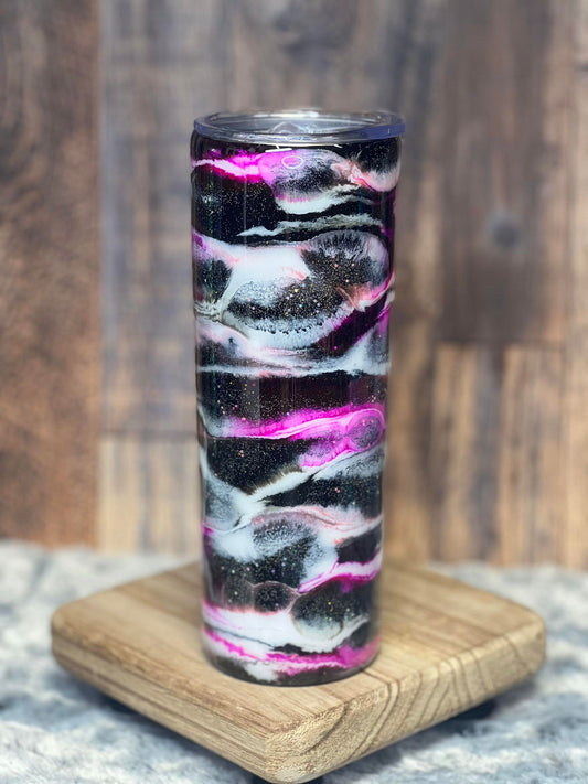 20oz Tumbler Black, Pink & White Swirl