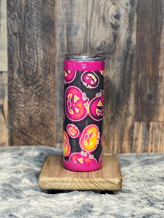 20oz Tumbler Pink Glitter with Pink Pumpkins Vinyl