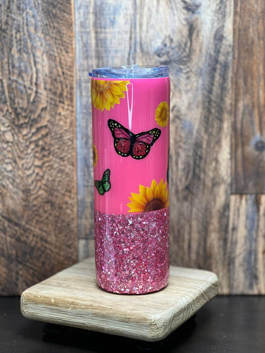 20oz Pink Glitter with Sunflowers & Butterflies