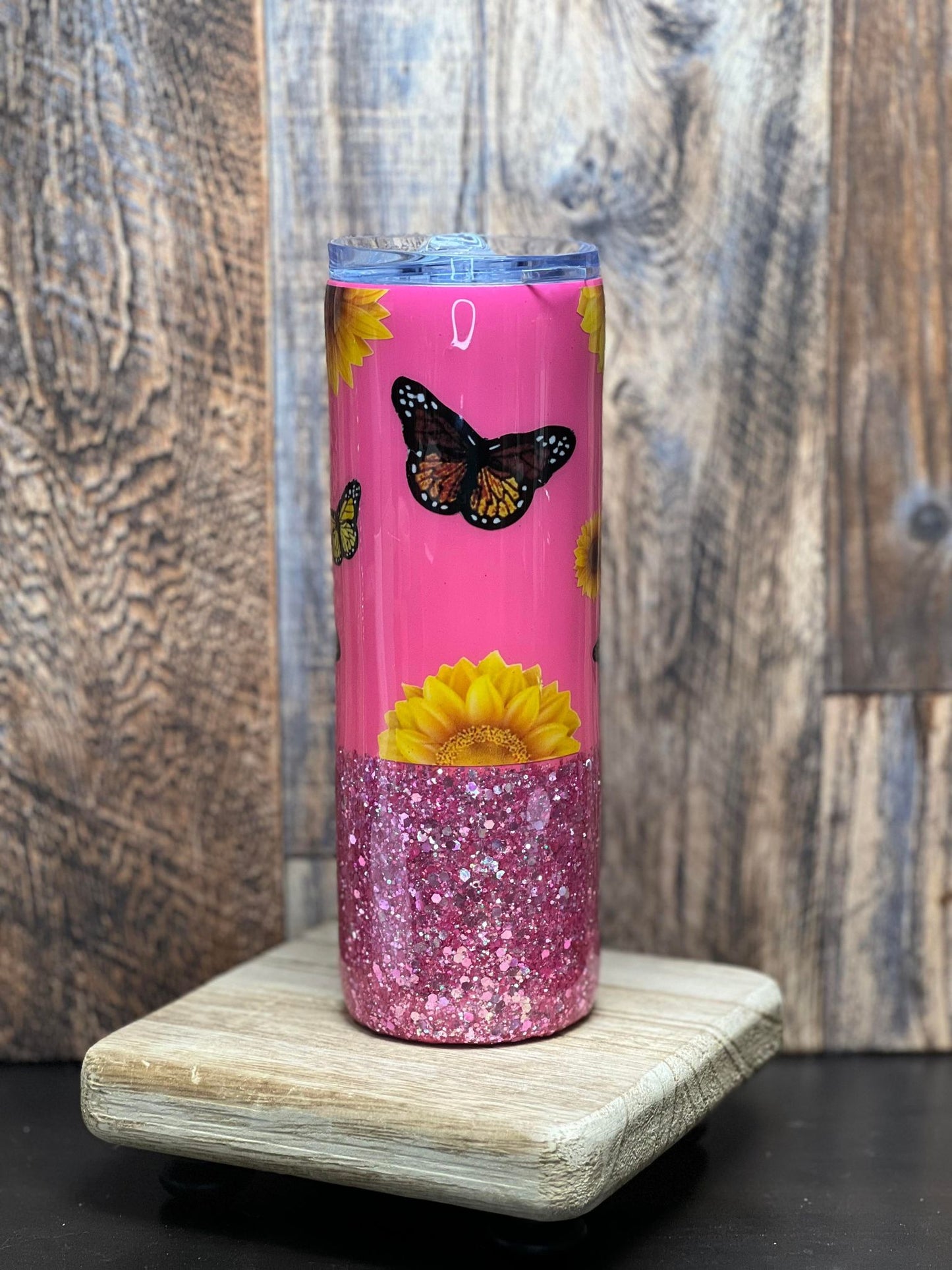 20oz Pink Glitter with Sunflowers & Butterflies