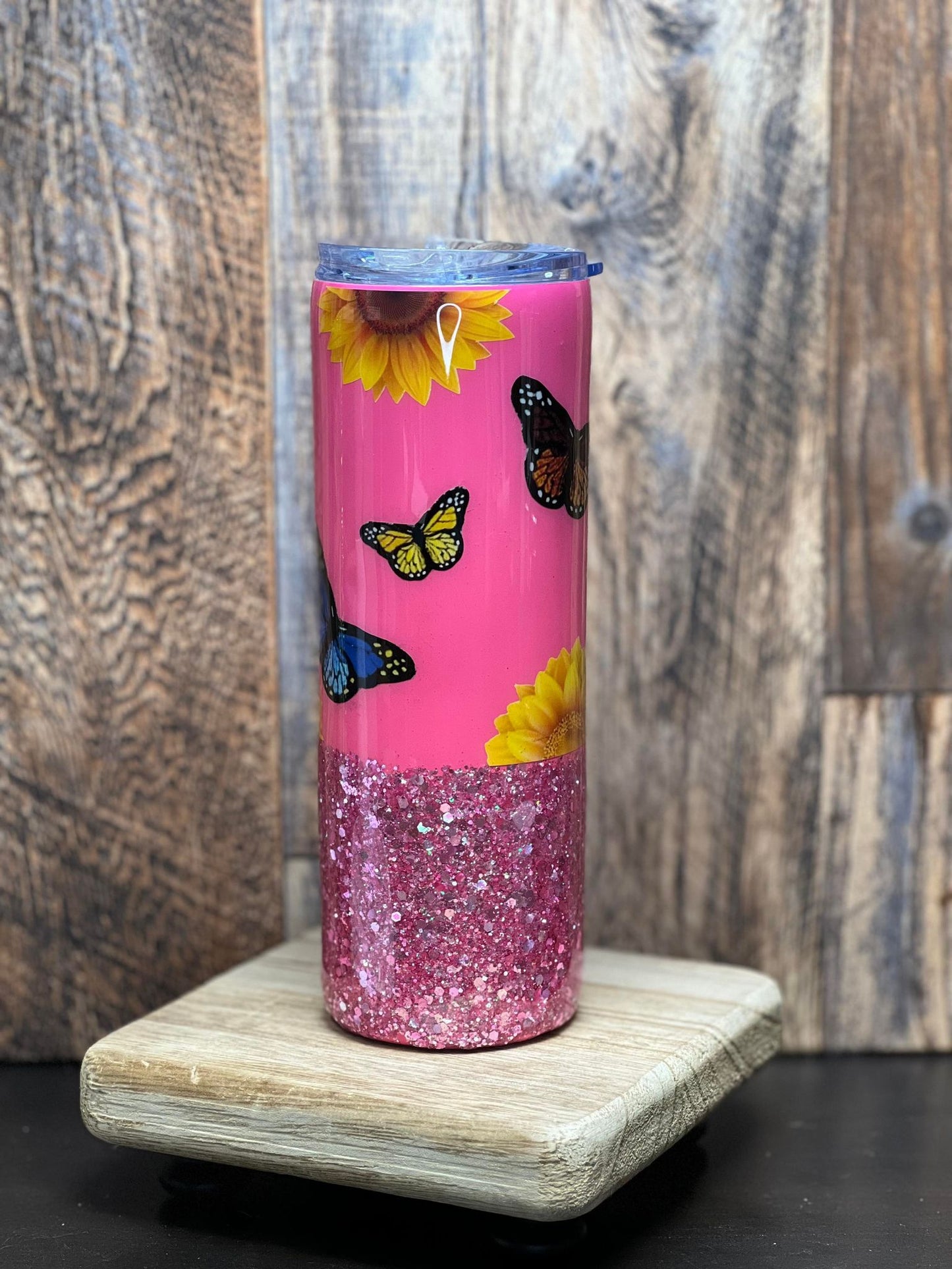 20oz Pink Glitter with Sunflowers & Butterflies