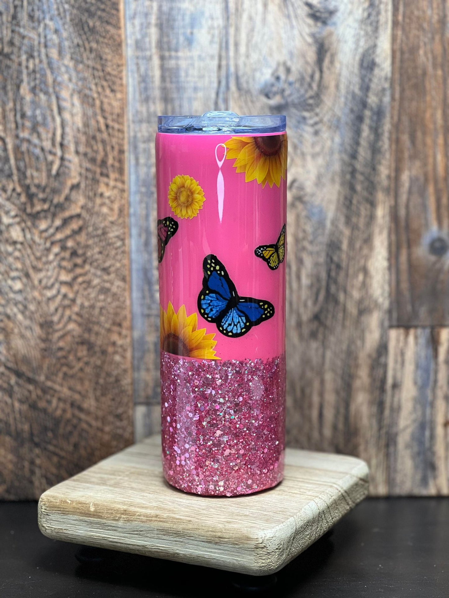 20oz Pink Glitter with Sunflowers & Butterflies