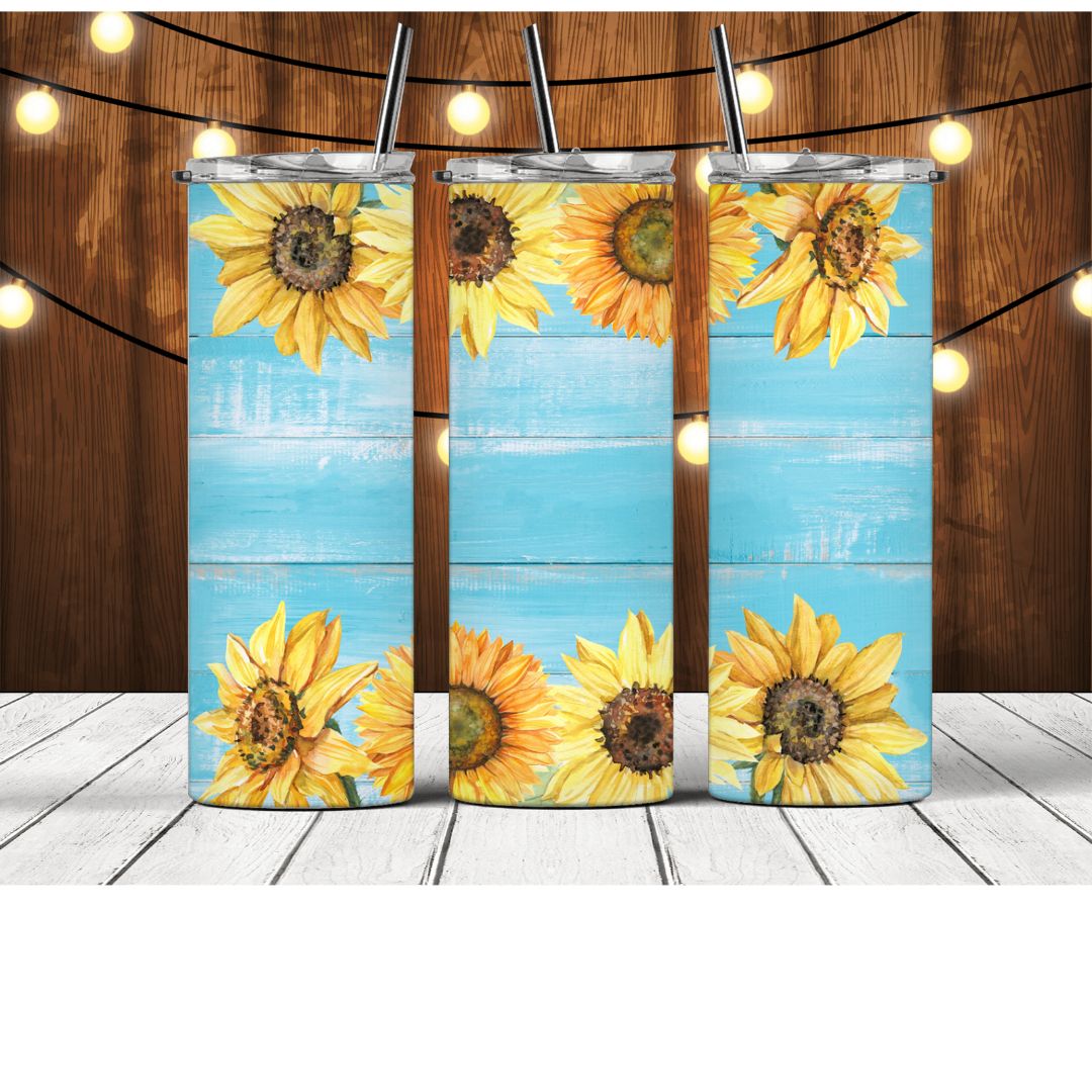 Blue Wood Sunflowers Customizable Tumbler