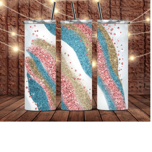 Gold Pink Teal Glitter Tumbler