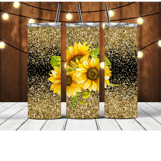 Gold & Black Glitter with Sunflowers Tumbler