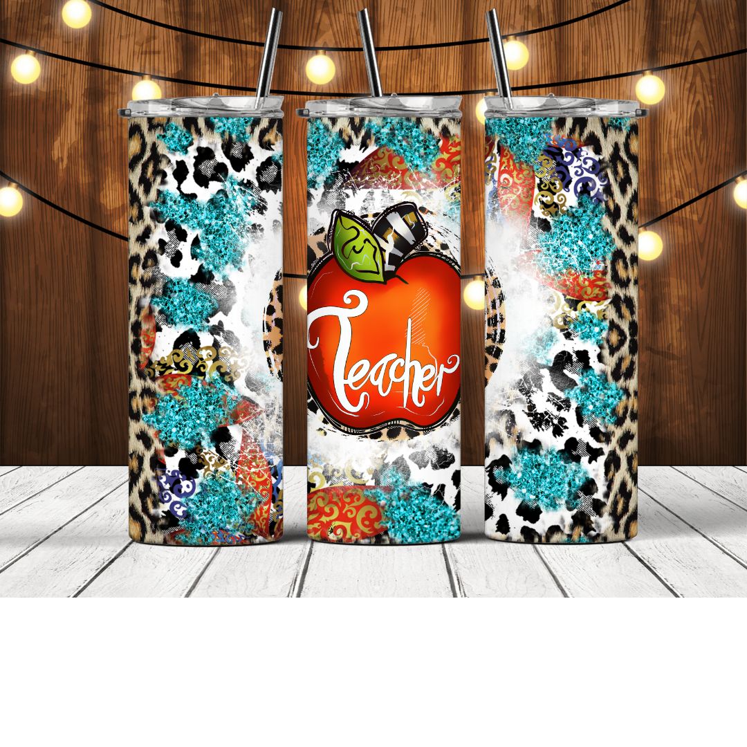 Animal Print Teacher Apple Tumbler