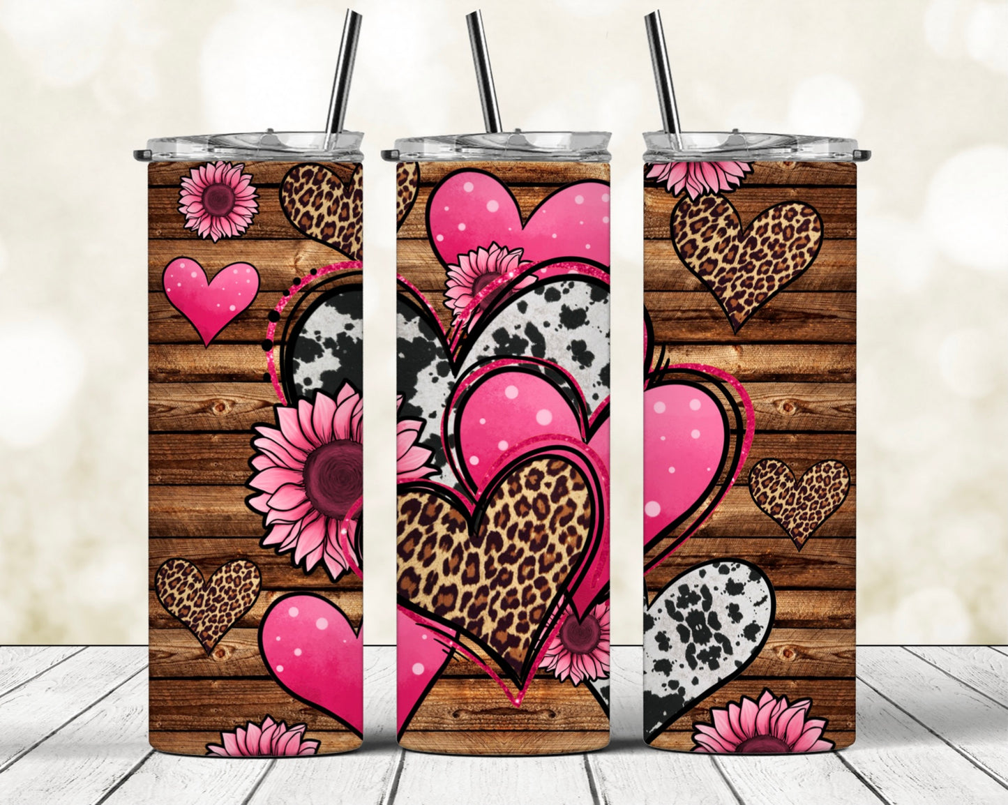 Hearts & Animal Print on Woodgrain Background